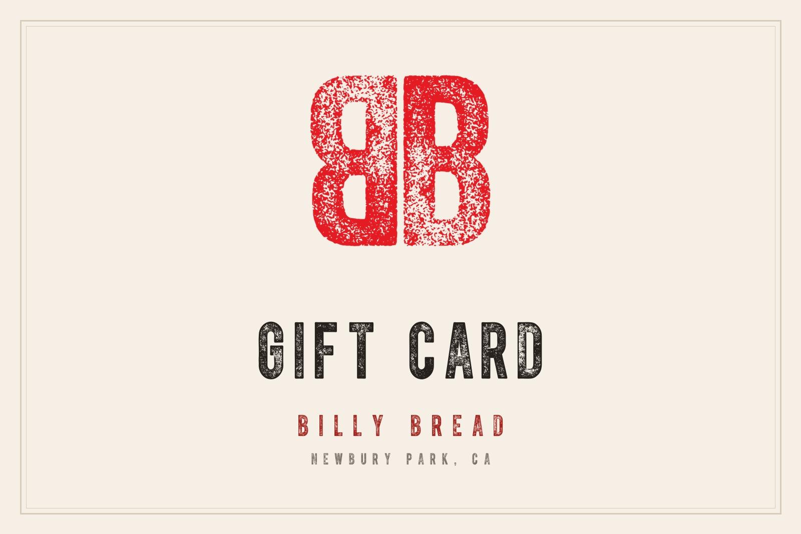 Billy Bread gift card, red BB monogram and GIFT CARD lettering on parchment.